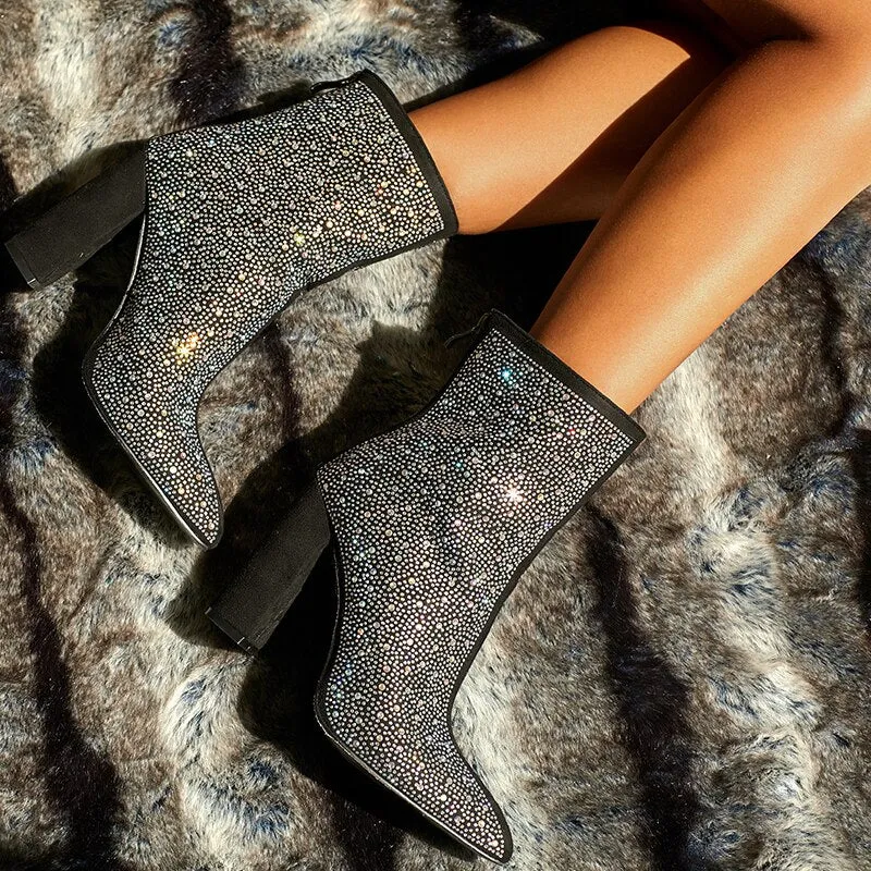 Amozae-Women Crystal Party Ankle Boots   11cm High Heels Diamond Lady Chunky Boots Short Fetish Stripper Booties Glitter Shoes