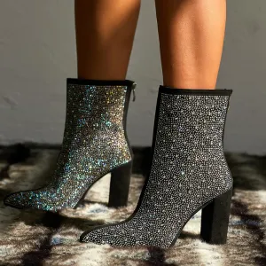 Amozae-Women Crystal Party Ankle Boots   11cm High Heels Diamond Lady Chunky Boots Short Fetish Stripper Booties Glitter Shoes