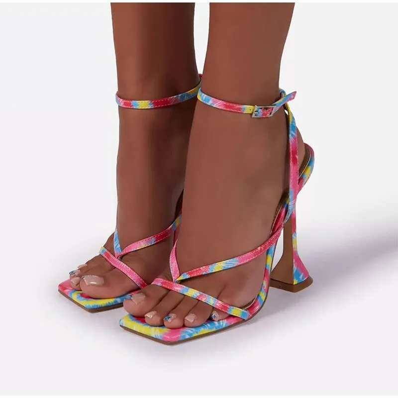 Amozae-Women   Sandals High Heels Snakeskin Ladies Fashion Shoes Summer Pumps Buckle Strap PU Square Toe Woman Stiletto Plus Size