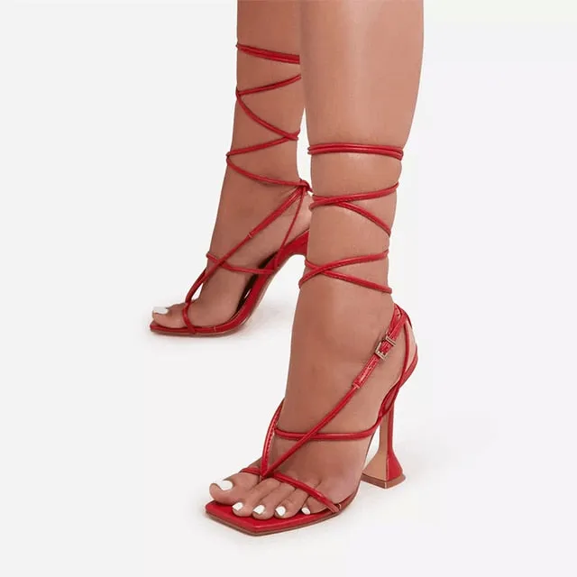 Amozae-Women   Sandals High Heels Snakeskin Ladies Fashion Shoes Summer Pumps Buckle Strap PU Square Toe Woman Stiletto Plus Size