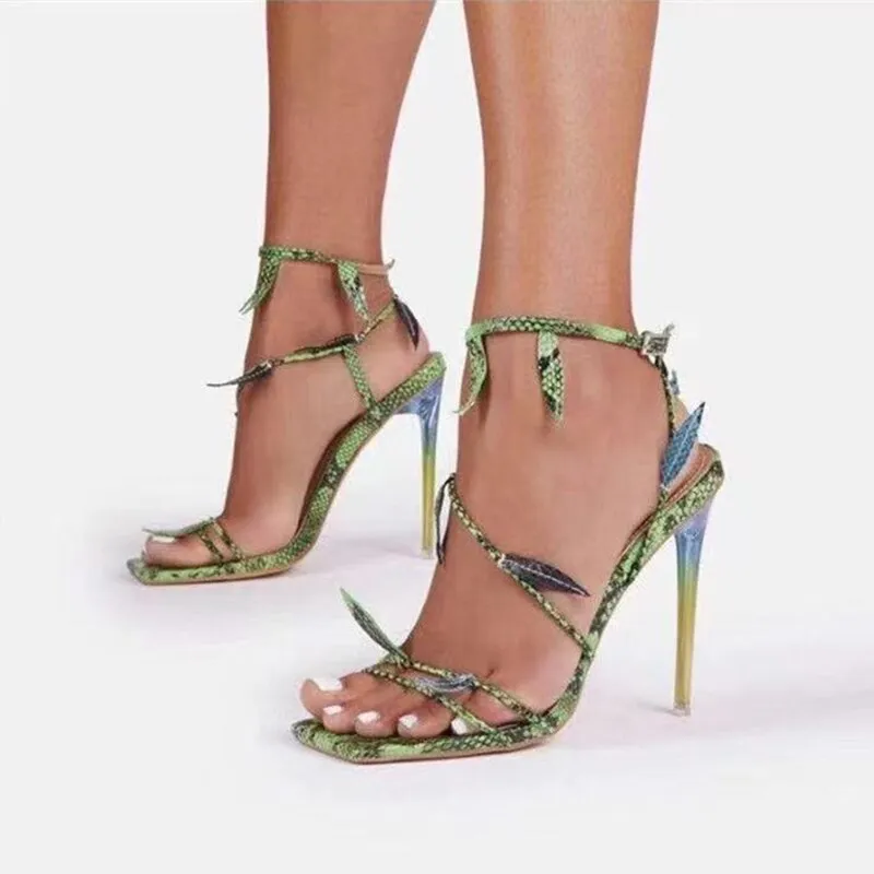 Amozae-Women   Sandals High Heels Snakeskin Ladies Fashion Shoes Summer Pumps Buckle Strap PU Square Toe Woman Stiletto Plus Size