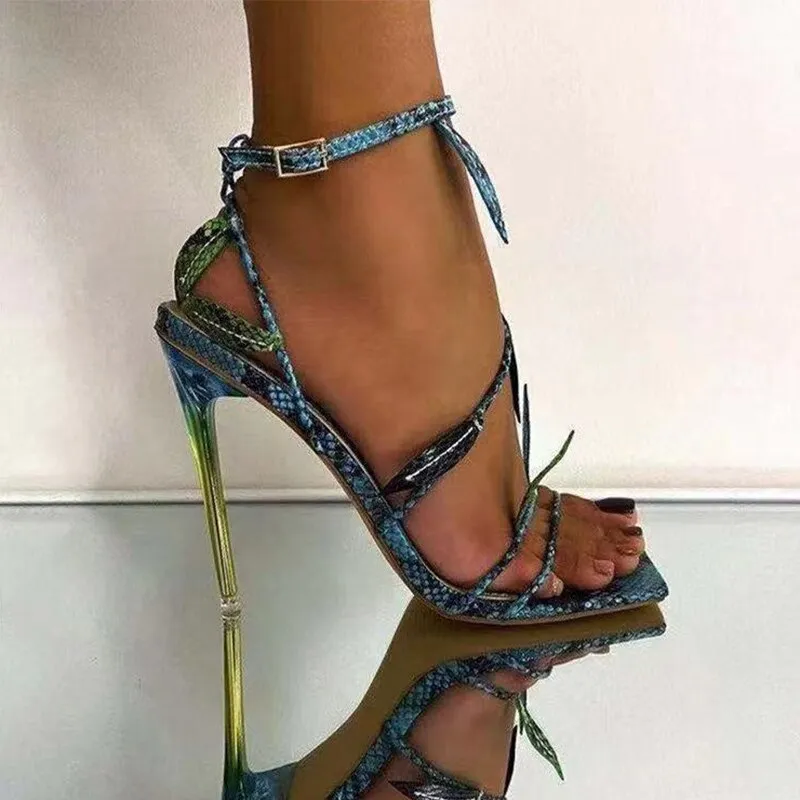 Amozae-Women   Sandals High Heels Snakeskin Ladies Fashion Shoes Summer Pumps Buckle Strap PU Square Toe Woman Stiletto Plus Size