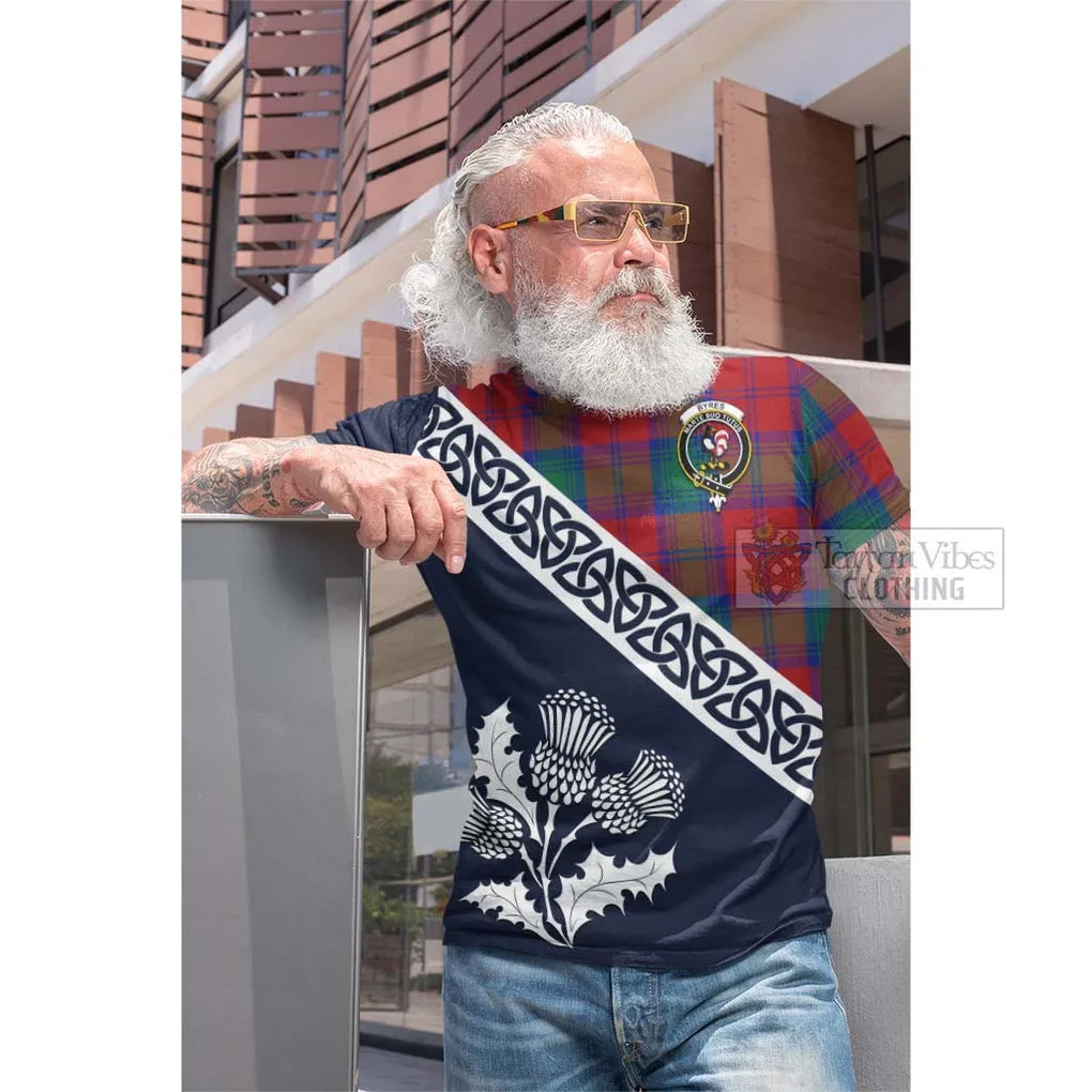 Byres (Byses) Tartan Cotton T-shirt Featuring Thistle and Scotland Map
