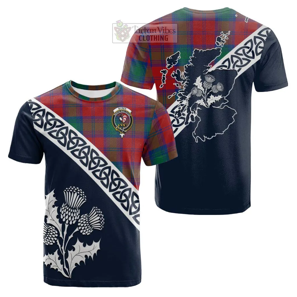Byres (Byses) Tartan Cotton T-shirt Featuring Thistle and Scotland Map