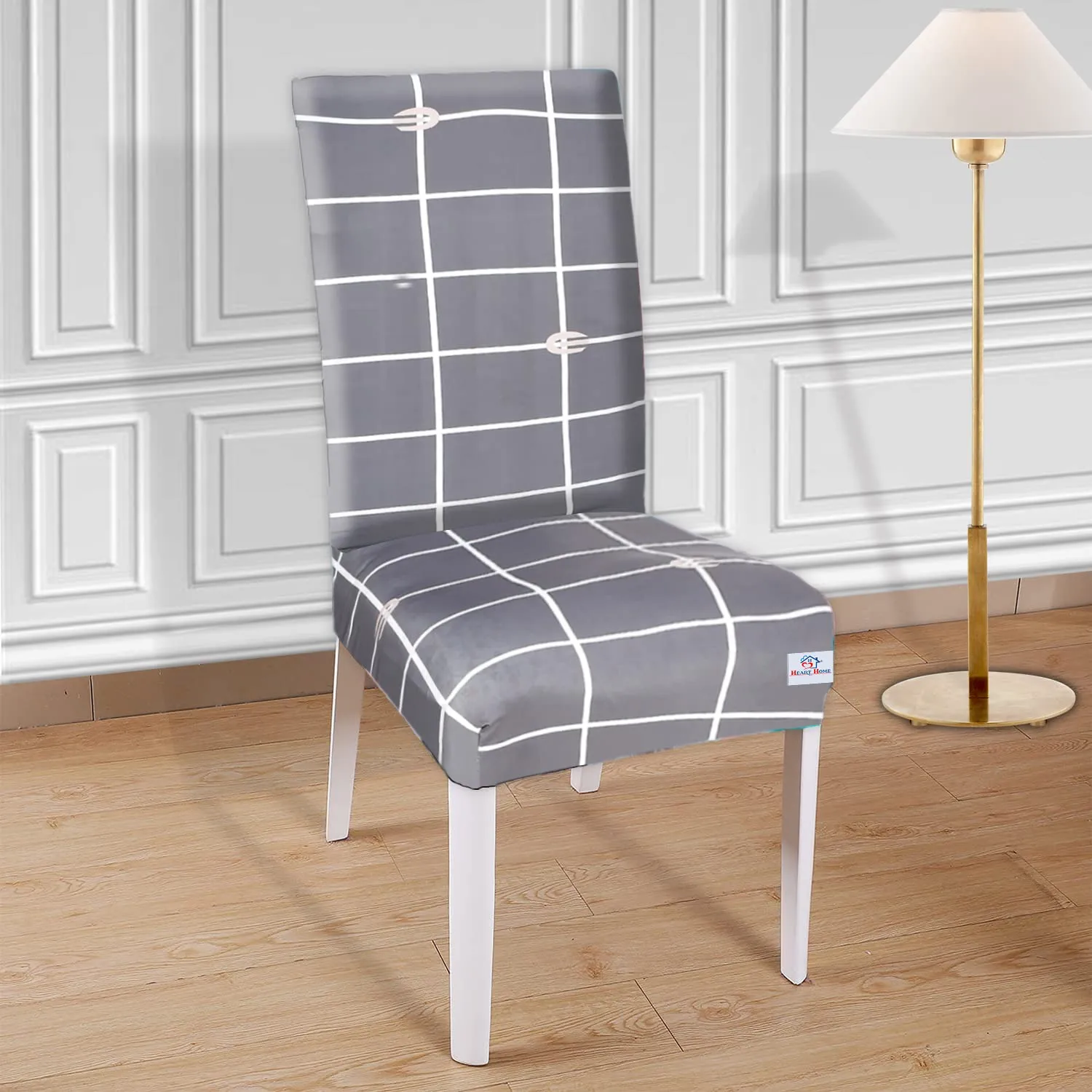 Heart Home Check Printed Elastic Stretchable Polyster Chair Cover for Home, Office, Hotels, Wedding Banquet (Grey)-50HH0879