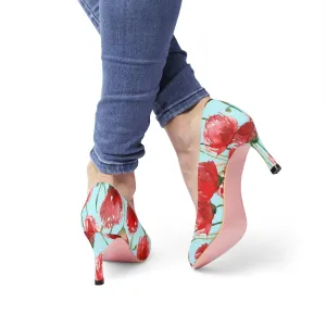 Spring Red Poppy Flower Floral Print Women's Designer 3" High Heels (US Size 5-11)
