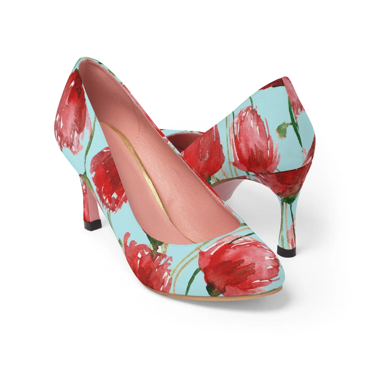 Spring Red Poppy Flower Floral Print Women's Designer 3" High Heels (US Size 5-11)