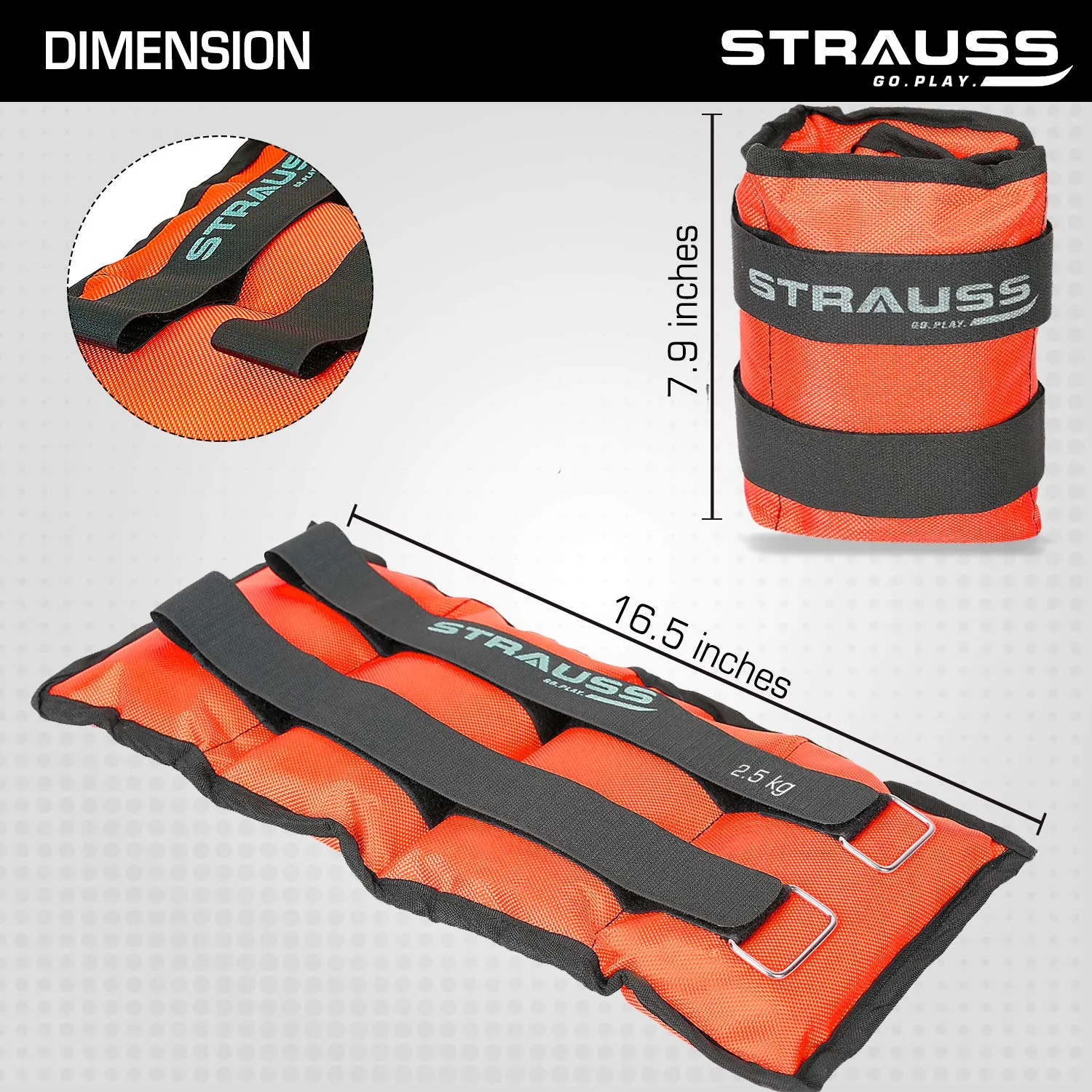 Strauss Adjustable Ankle/Wrist Weights 2.5 KG X 2 | Ideal for Walking, Running, Jogging, Cycling, Gym, Workout & Strength Training | Easy to Use on Ankle, Wrist, Leg, (Orange)